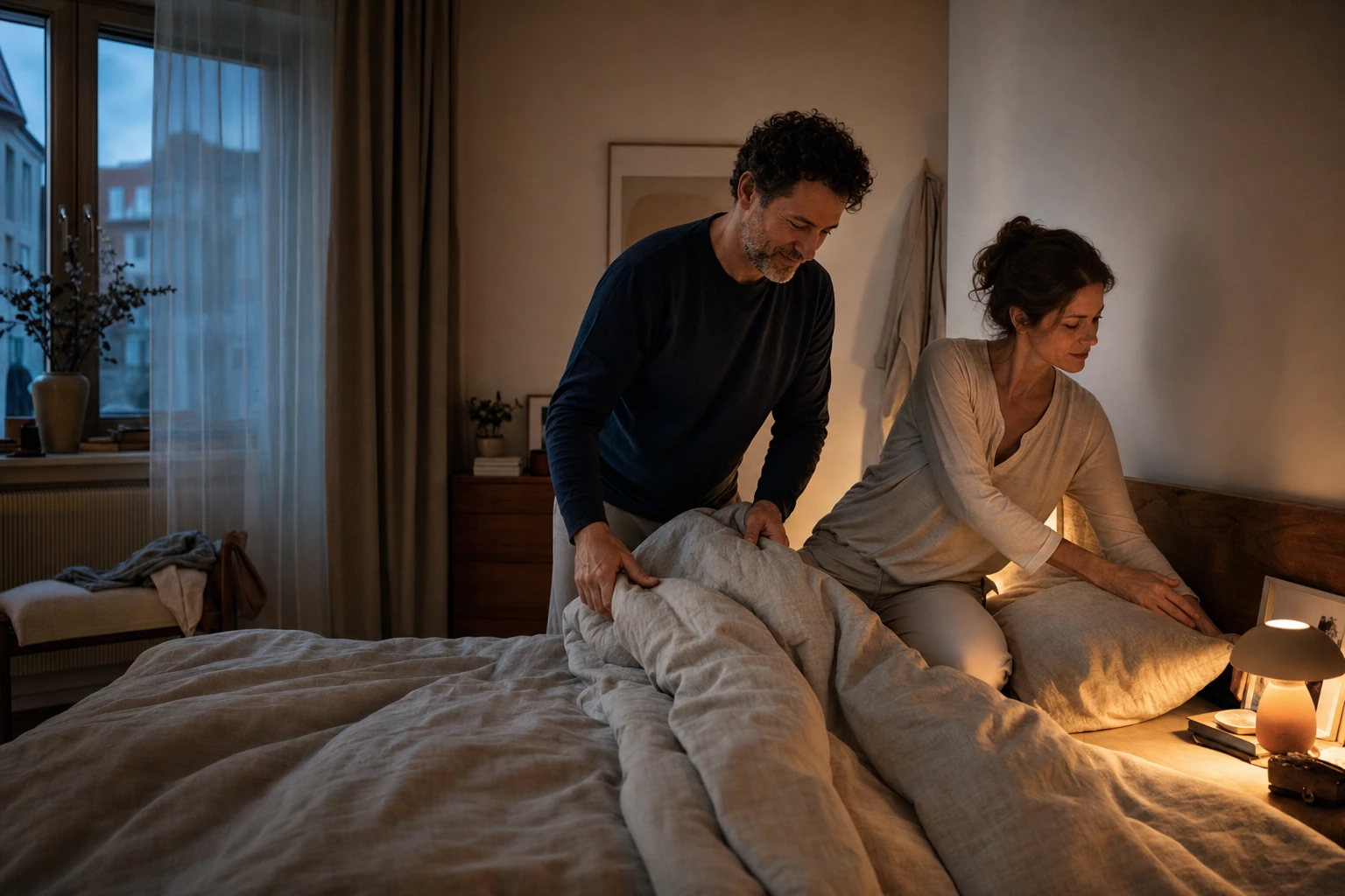 Ein erwachsenes Paar bereitet in warmem Abendlicht gemeinsam das Bett vor