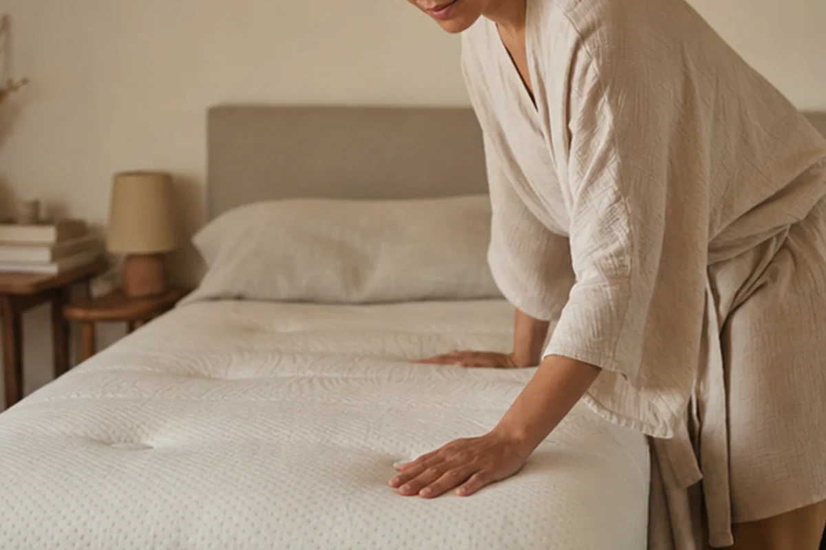 Authentischer Handgriff im Schlafalltag zu Ganzjahresdecke für Bauchschläfer mit Blick auf Wärmeklasse