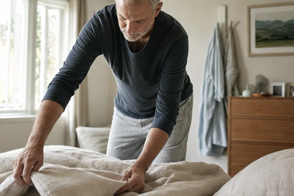 Authentischer Handgriff im Schlafalltag zu Ganzjahresdecke für leichte Personen mit Blick auf Wärmeklasse