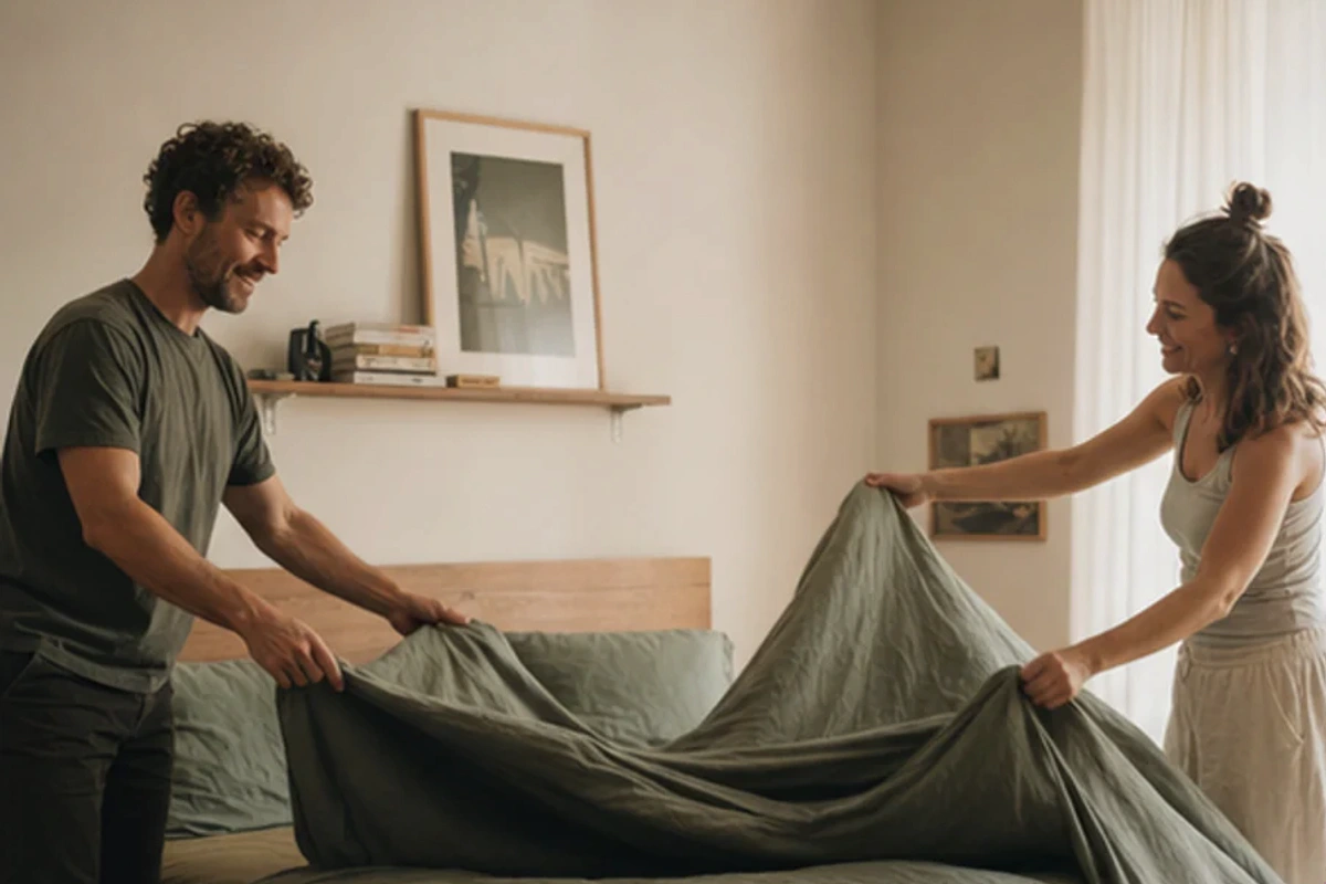 Authentischer Handgriff im Schlafalltag zu Ganzjahresdecke Kaufberatung mit Blick auf Wärmeklasse