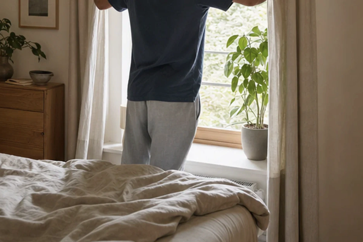 Authentischer Handgriff im Schlafalltag zu Seidendecke für Seitenschläfer mit Blick auf Wärmeklasse
