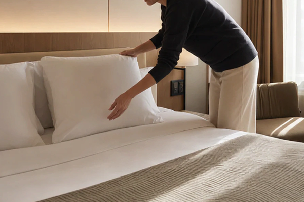 Authentischer Handgriff im Schlafalltag zu Memory-Foam-Kissen für leichte Personen mit Blick auf Höhe