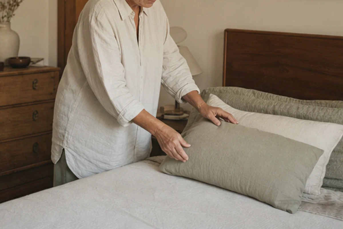 Authentischer Handgriff im Schlafalltag zu Memory-Foam-Kissen Kaufberatung mit Blick auf Höhe