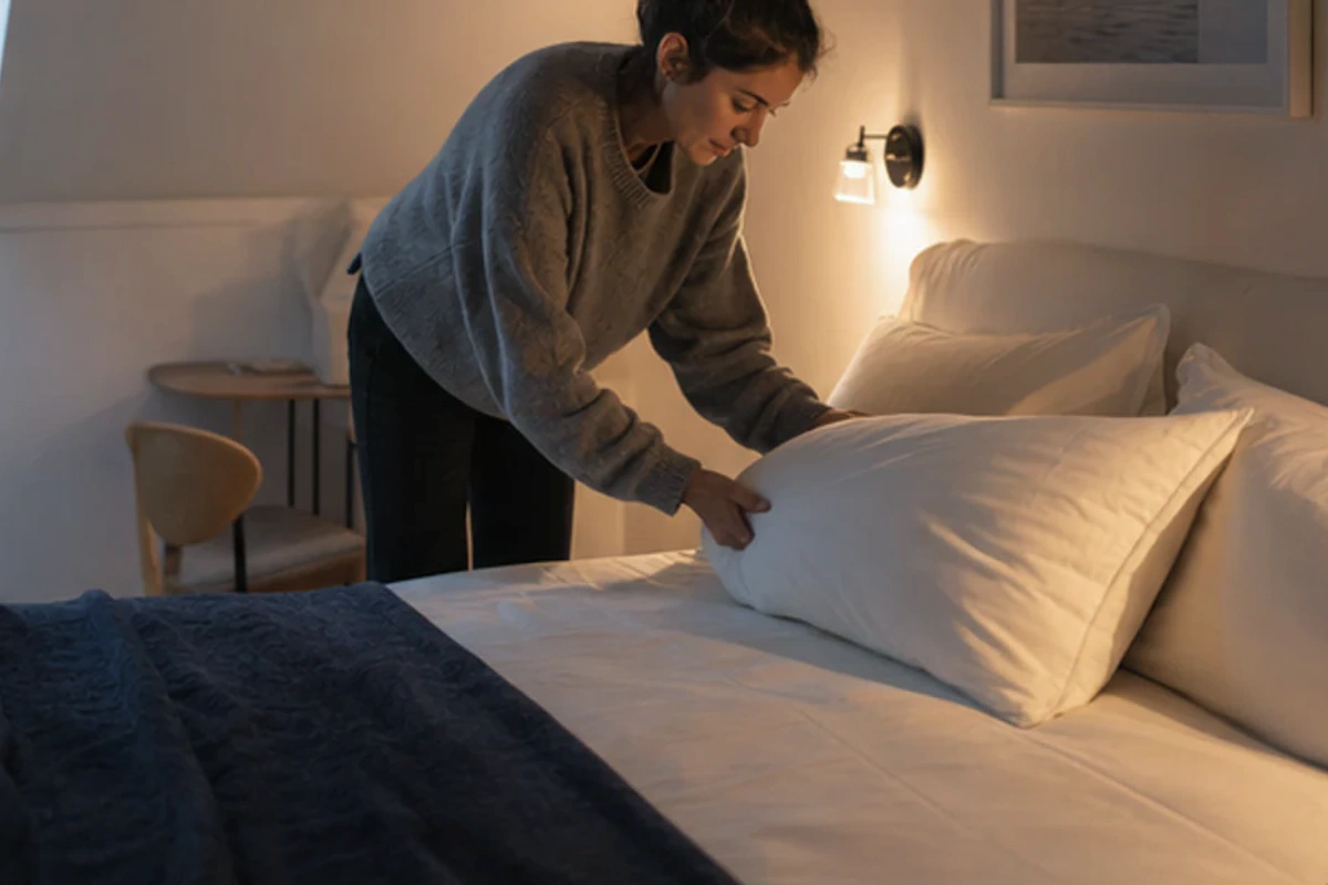 Authentischer Handgriff im Schlafalltag zu orthopädisches Kissen für schwere Personen mit Blick auf Höhe
