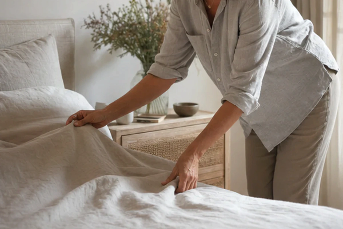 Authentischer Handgriff im Schlafalltag zu Seitenschläferkissen für Allergiker mit Blick auf Höhe