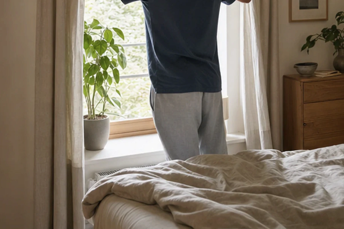 Authentischer Handgriff im Schlafalltag zu Dunlopillo Matratze für Rückenschläfer mit Blick auf Modellaufbau
