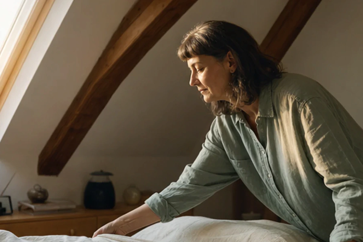 Authentischer Handgriff im Schlafalltag zu Emma Matratze Premium mit Blick auf Modellaufbau