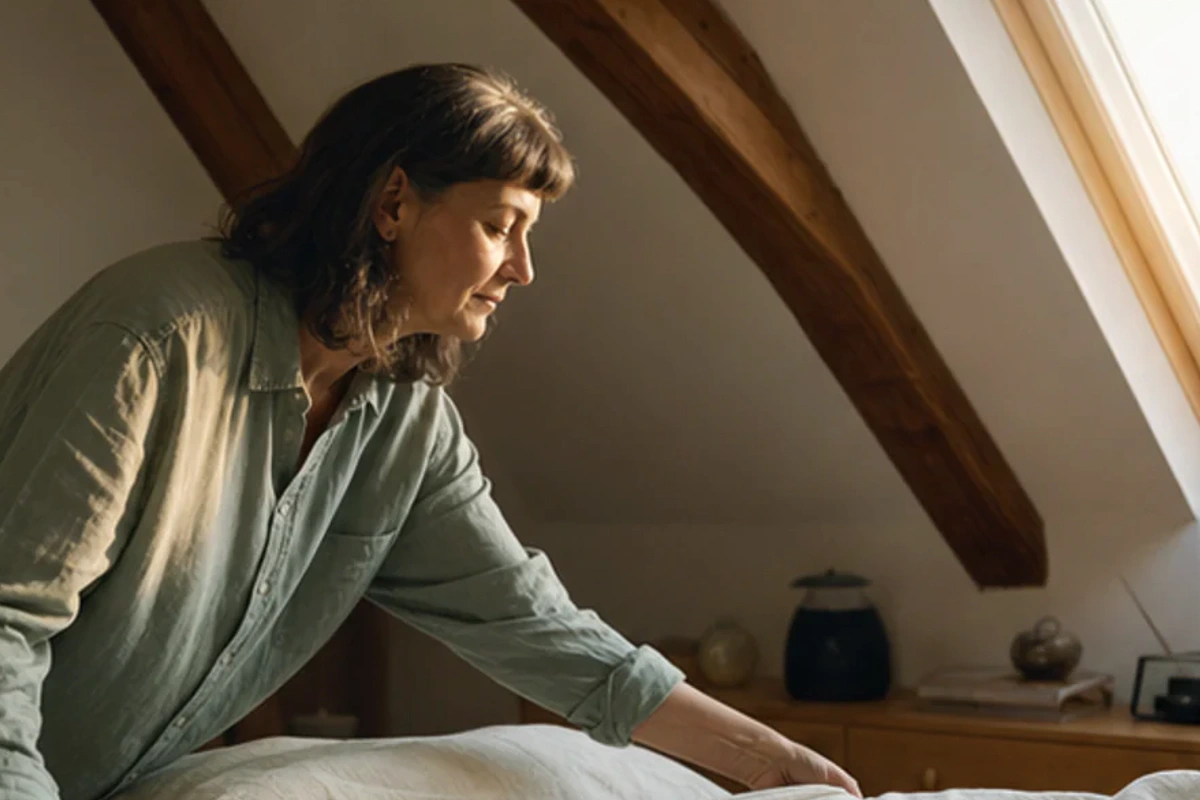 Authentischer Handgriff im Schlafalltag zu Swiss Sense Matratze für Bauchschläfer mit Blick auf Modellaufbau