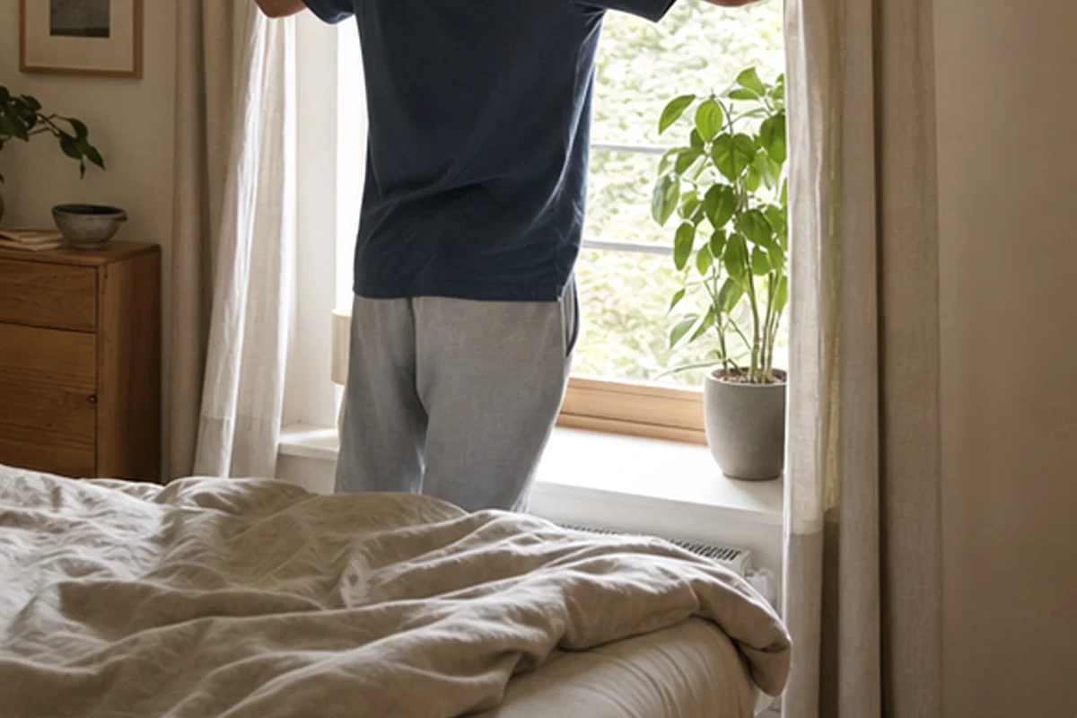 Authentischer Handgriff im Schlafalltag zu Durchschlafen bei Stress Routine mit Blick auf Aufwachzeit
