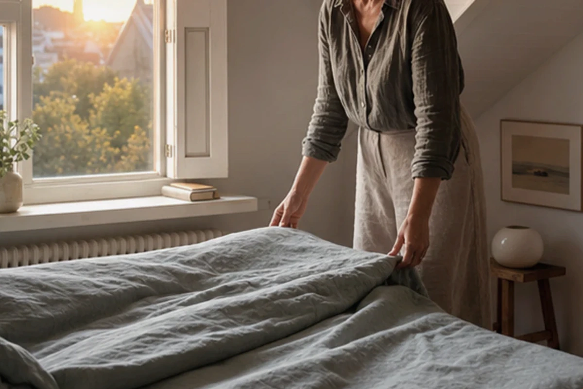 Authentischer Handgriff im Schlafalltag zu nächtliches Schwitzen im Sommer mit Blick auf Aufwachzeit