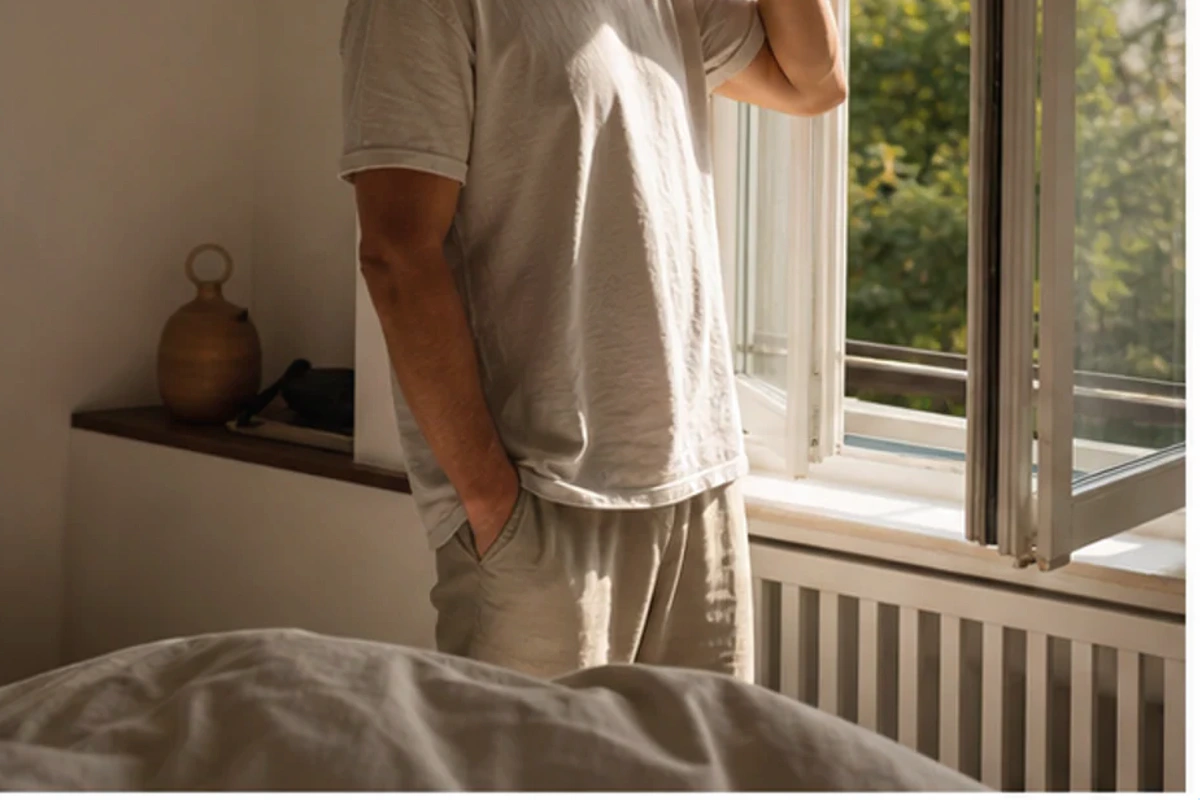 Authentischer Handgriff im Schlafalltag zu Einschlafen ohne Handy bei Stress mit Blick auf Abendlicht