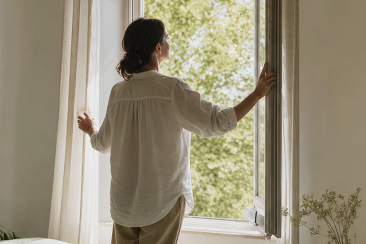 Authentischer Handgriff im Schlafalltag zu Einschlafprobleme im Sommer mit Blick auf Abendlicht