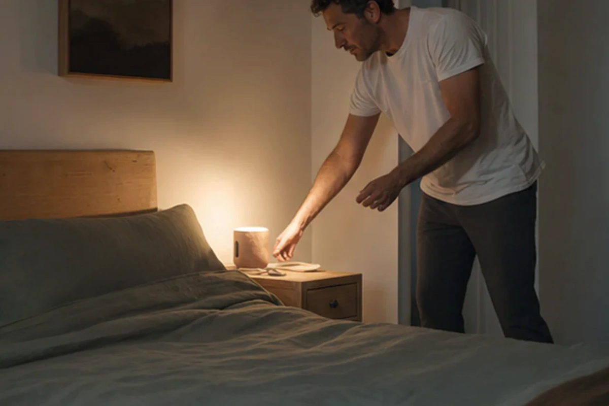 Authentischer Handgriff im Schlafalltag zu Memory-Foam-Schlafmaske für Seitenschläfer mit Blick auf Lichtdichtheit