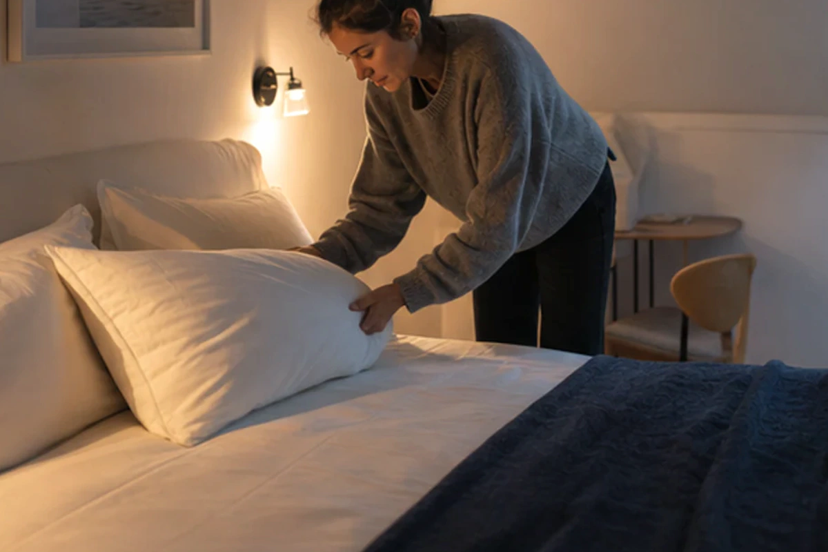 Authentischer Handgriff im Schlafalltag zu Memory-Foam-Schlafmaske günstig kaufen mit Blick auf Lichtdichtheit