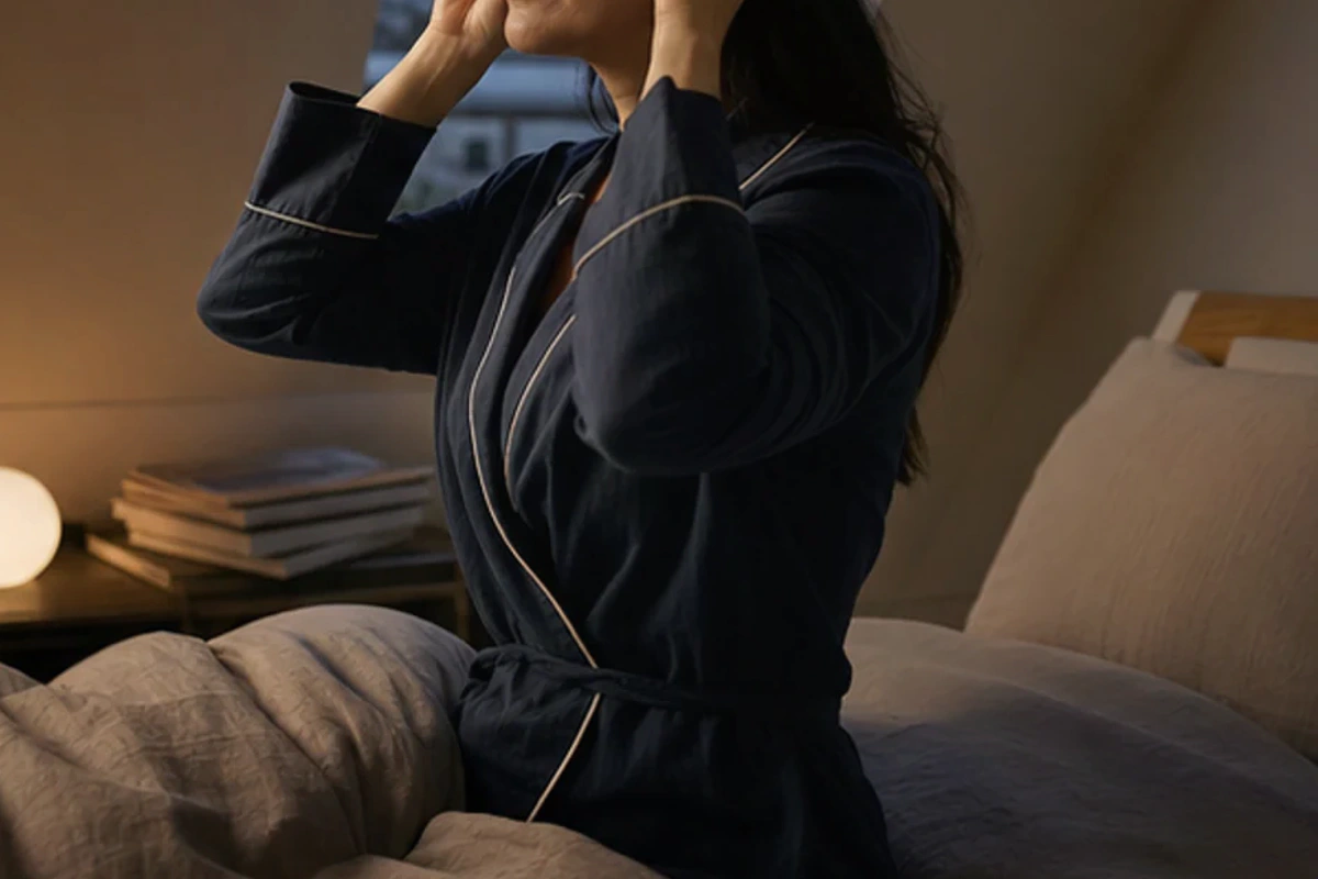 Authentischer Handgriff im Schlafalltag zu Memory-Foam-Schlafmaske Kaufberatung mit Blick auf Lichtdichtheit