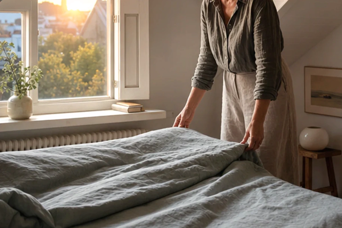 Authentischer Handgriff im Schlafalltag zu Memory-Foam-Schlafmaske Premium mit Blick auf Lichtdichtheit