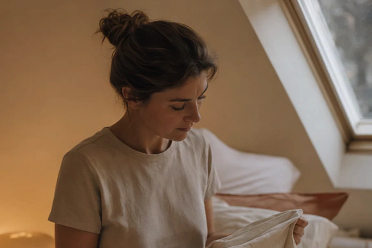 Authentischer Handgriff im Schlafalltag zu Schlafposition bei Schulterdruck Hausmittel mit Blick auf Wirbelsäulenlinie