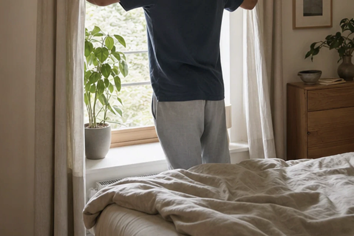 Authentischer Handgriff im Schlafalltag zu Schlafposition für Schwangere Routine mit Blick auf Wirbelsäulenlinie