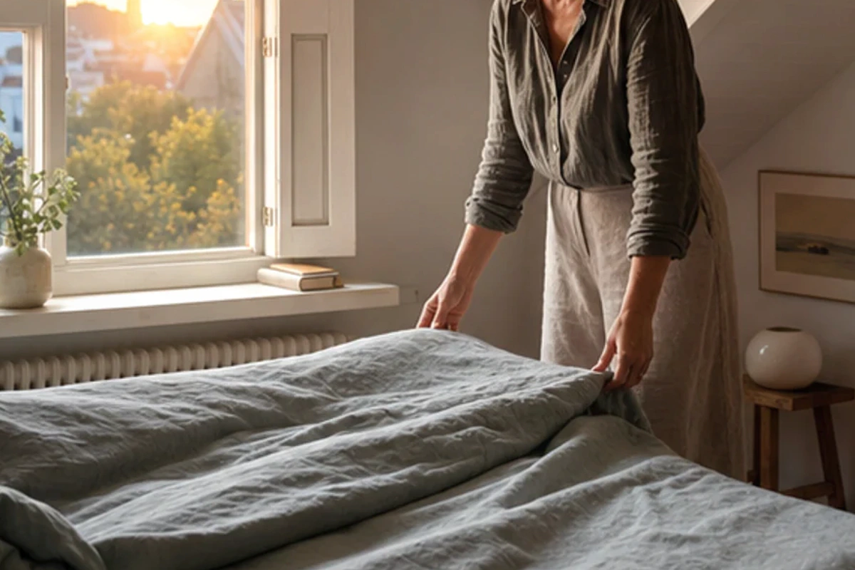 Authentischer Handgriff im Schlafalltag zu Schlafposition für schwere Personen im Winter mit Blick auf Wirbelsäulenlinie