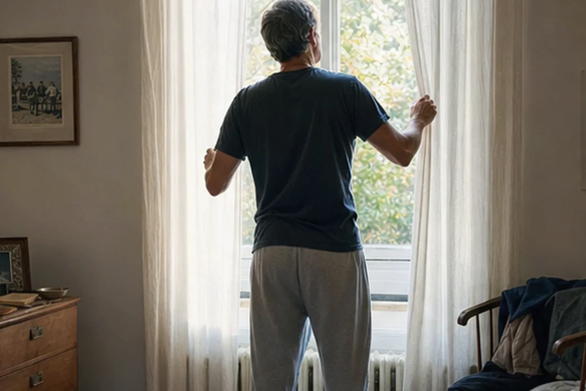 Authentischer Handgriff im Schlafalltag zu Schlafposition nach Sport im Sommer mit Blick auf Wirbelsäulenlinie