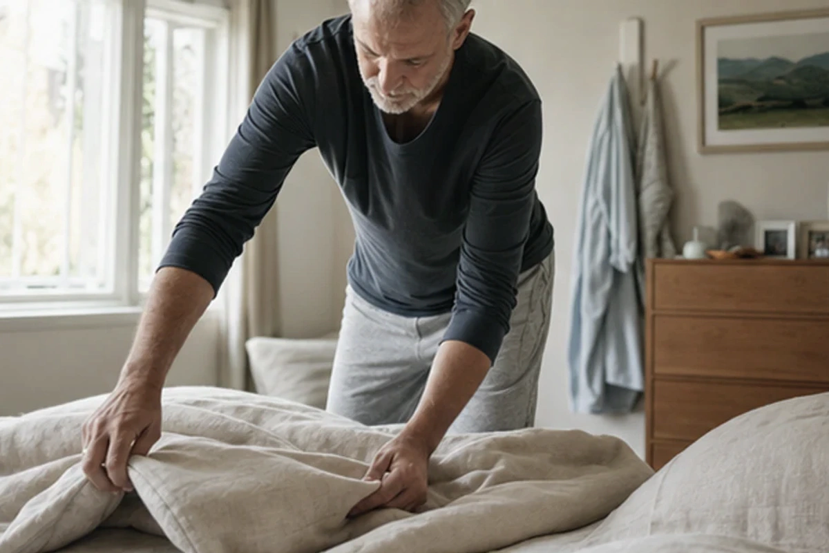 Authentischer Handgriff im Schlafalltag zu Schlafposition nach Sport Tipps mit Blick auf Wirbelsäulenlinie