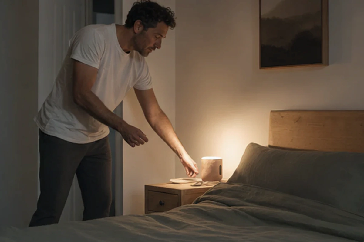 Authentischer Handgriff im Schlafalltag zu Withings Schlaftracking Akkulaufzeit mit Blick auf Messmethode