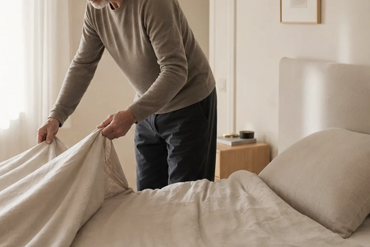 Authentischer Handgriff im Schlafalltag zu Boxspringbett Kaufberatung mit Blick auf Liegehöhe
