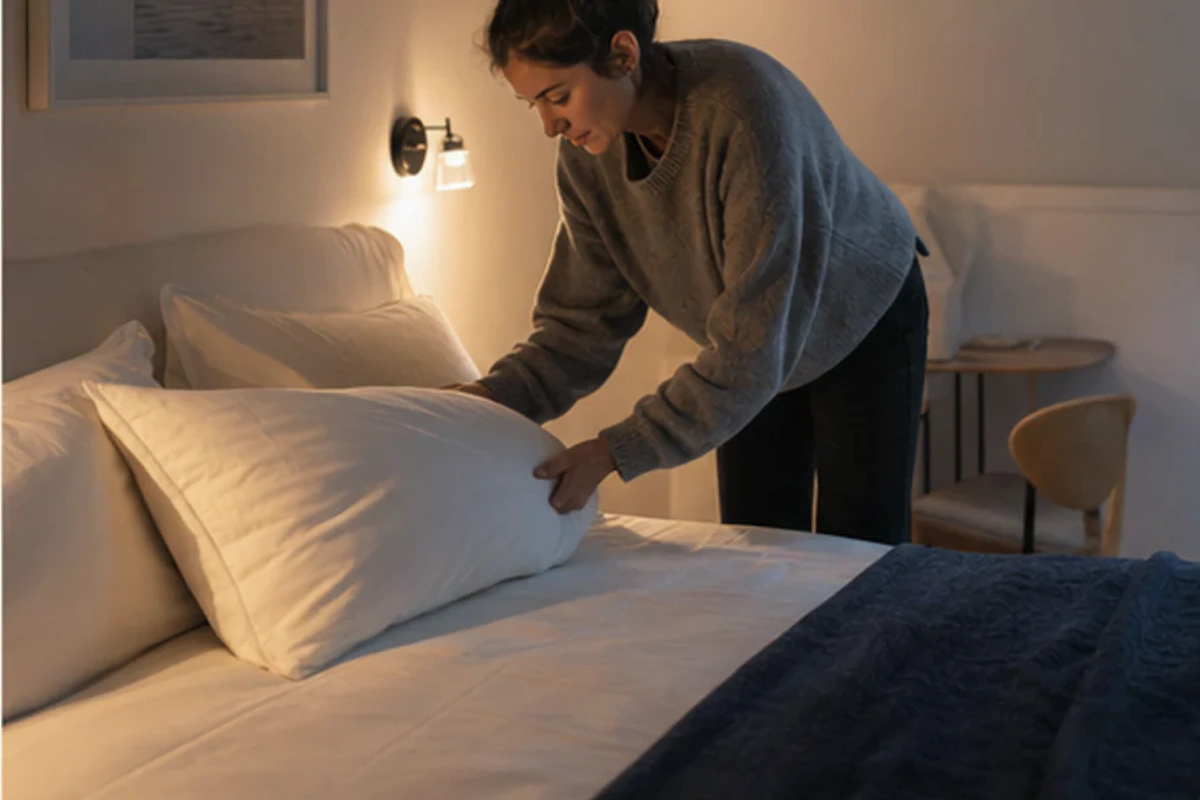 Authentischer Handgriff im Schlafalltag zu Futonbett Checkliste mit Blick auf Liegehöhe