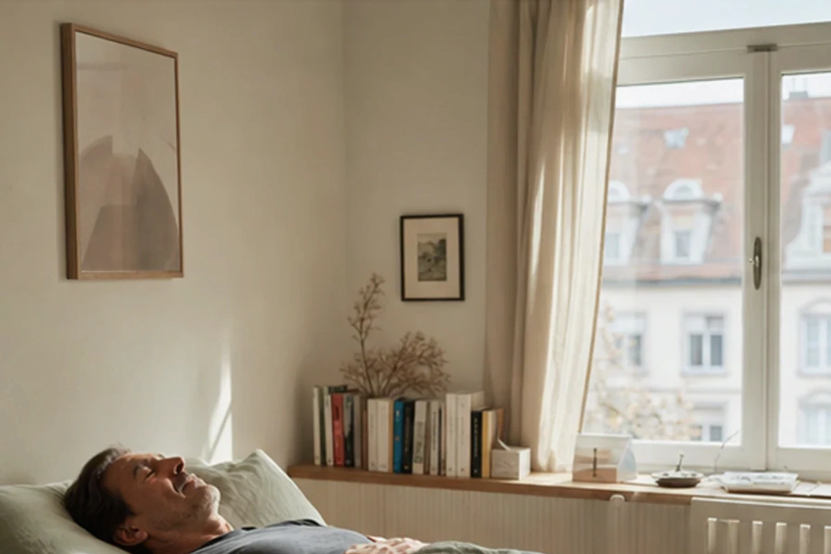 Authentischer Handgriff im Schlafalltag zu Futonbett gegen Schwitzen mit Blick auf Liegehöhe