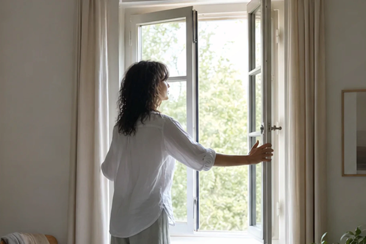 Authentischer Handgriff im Schlafalltag zu Futonbett reinigen mit Blick auf Liegehöhe