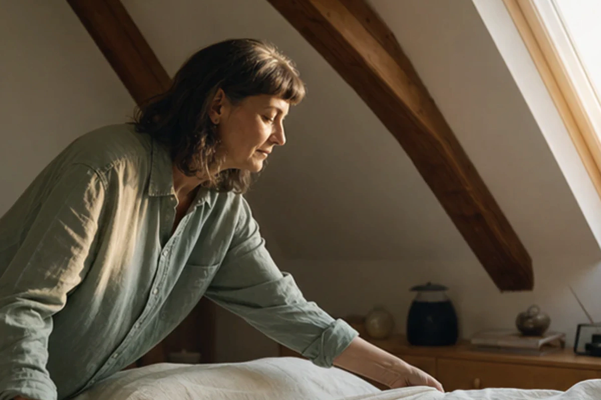Authentischer Handgriff im Schlafalltag zu Futonbett Test und Kriterien mit Blick auf Liegehöhe