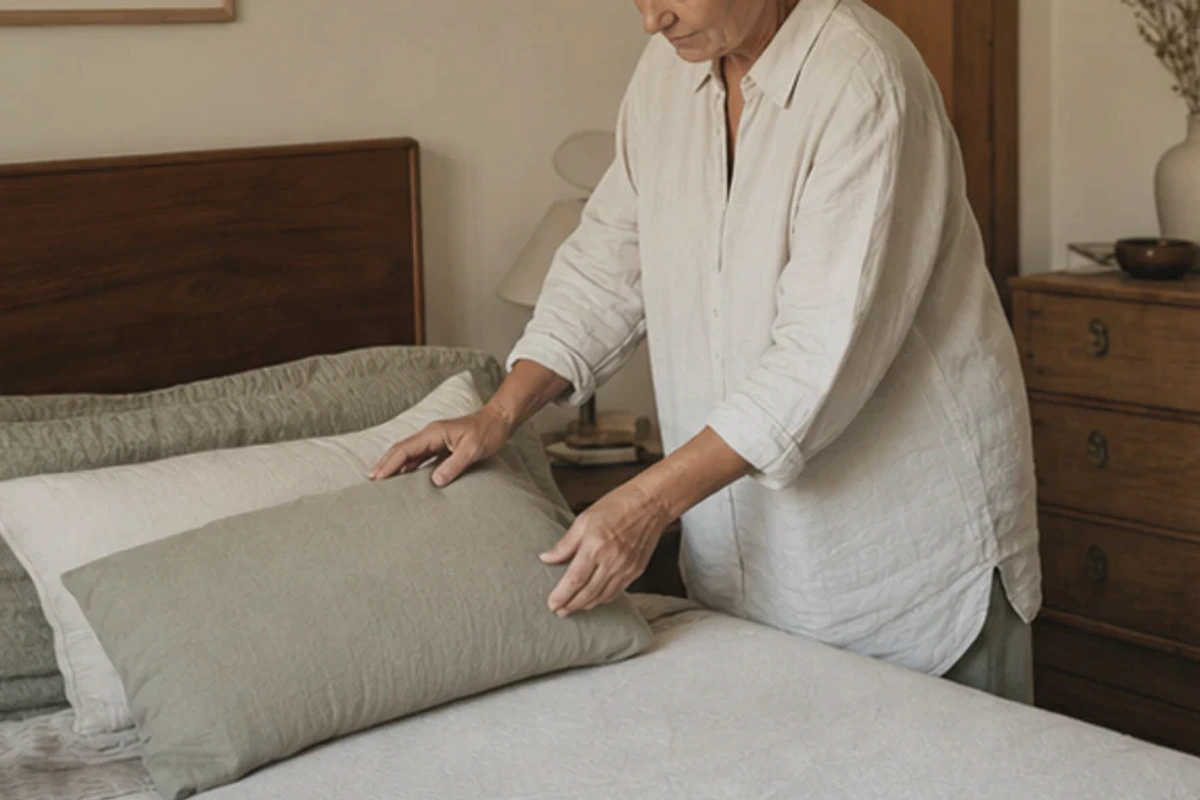 Authentischer Handgriff im Schlafalltag zu Metallbett für Rückenschläfer mit Blick auf Liegehöhe