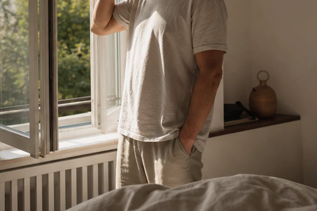 Authentischer Handgriff im Schlafalltag zu Metallbett Haltbarkeit mit Blick auf Liegehöhe
