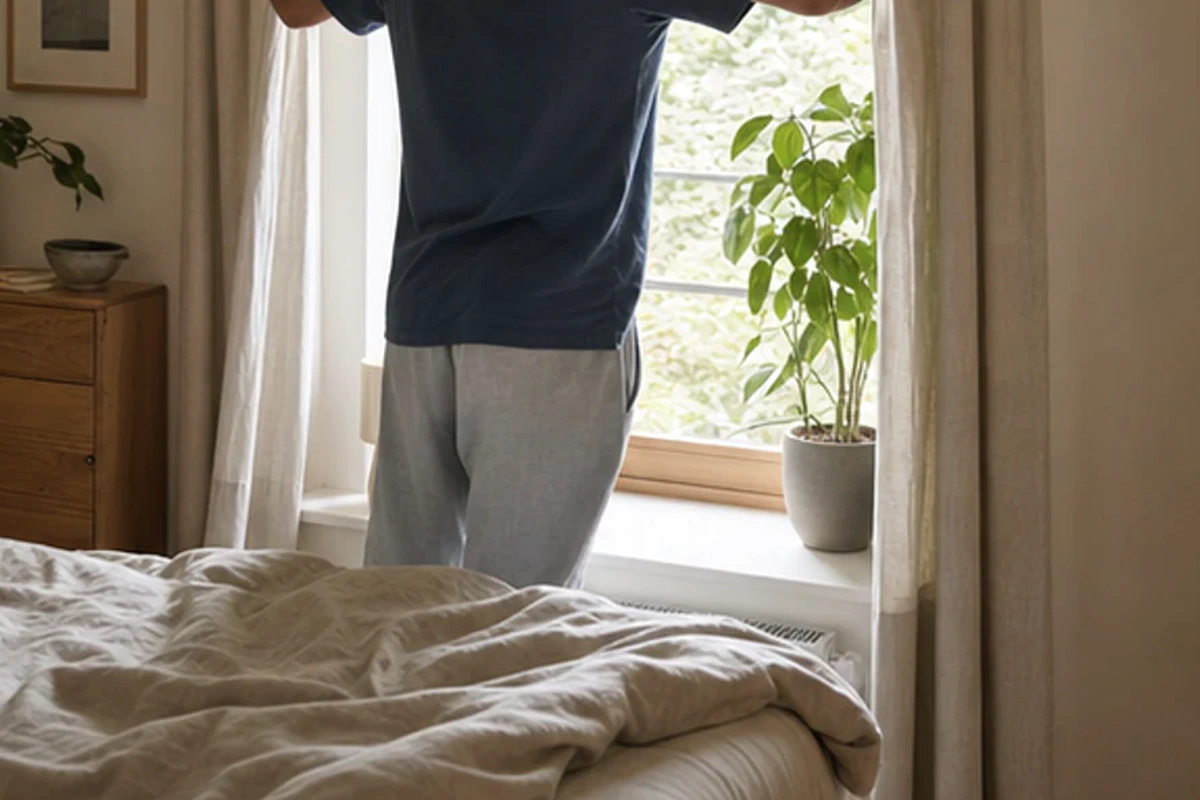 Authentischer Handgriff im Schlafalltag zu Polsterbett für Seitenschläfer mit Blick auf Liegehöhe