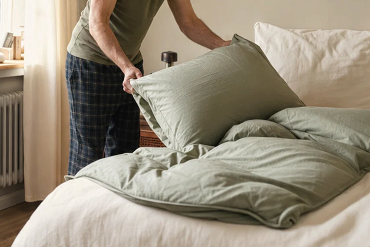 Authentischer Handgriff im Schlafalltag zu Seniorenbett für Rückenschläfer mit Blick auf Liegehöhe