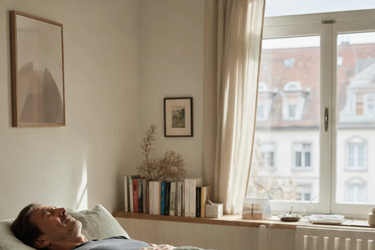 Authentischer Handgriff im Schlafalltag zu Seniorenbett gegen Schwitzen mit Blick auf Liegehöhe