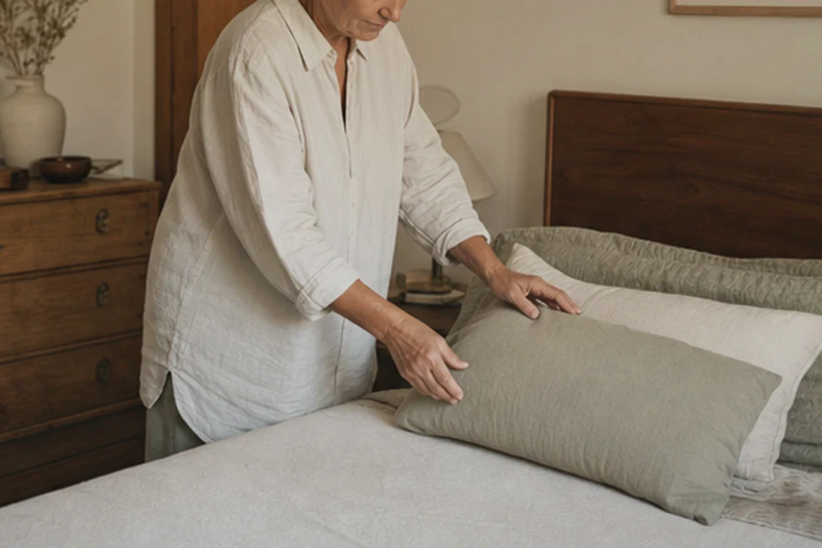 Authentischer Handgriff im Schlafalltag zu Wasserbett für Rückenschläfer mit Blick auf Liegehöhe