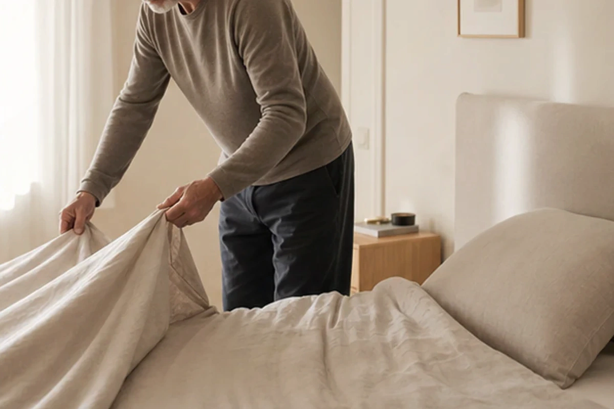 Authentischer Handgriff im Schlafalltag zu Wasserbett Kaufberatung mit Blick auf Liegehöhe