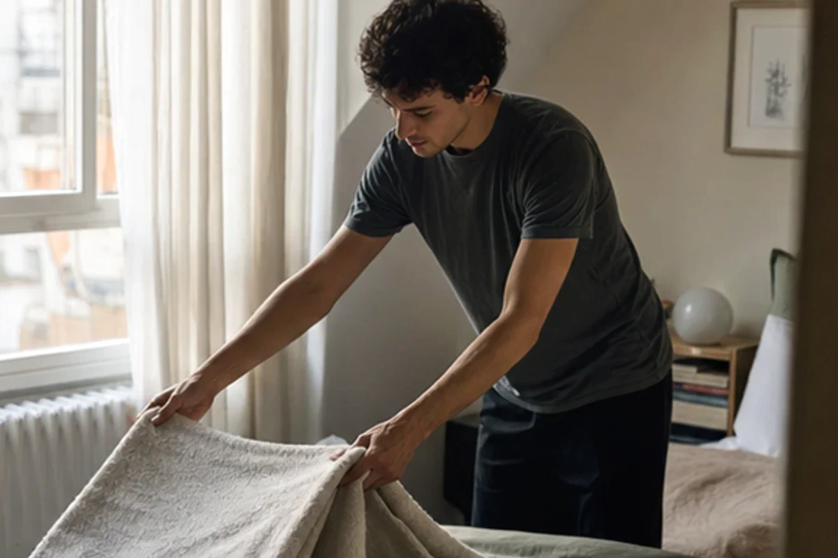 Authentischer Handgriff im Schlafalltag zu minimalistisches Schlafzimmer Checkliste mit Blick auf Temperatur