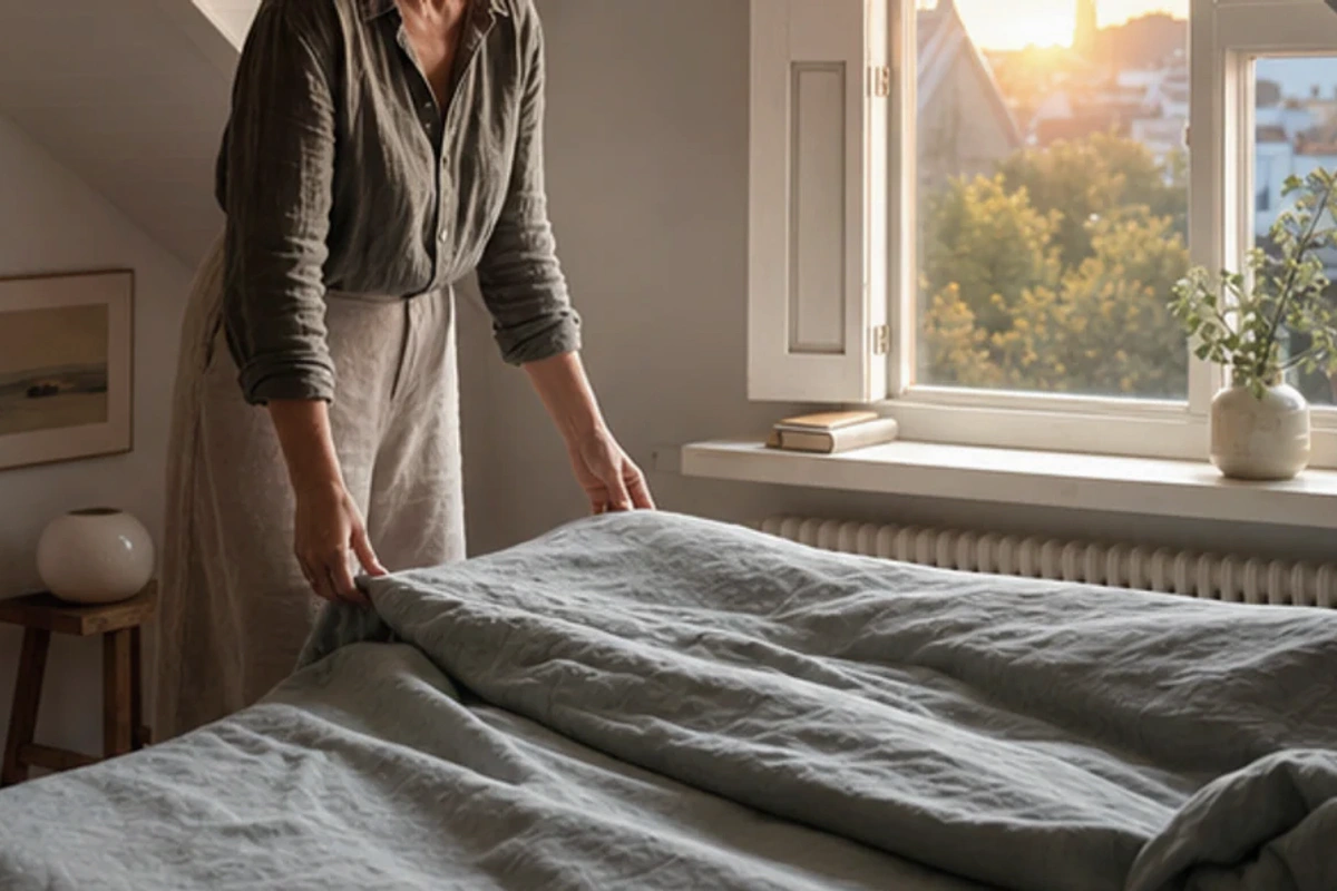 Authentischer Handgriff im Schlafalltag zu minimalistisches Schlafzimmer senken mit Blick auf Temperatur