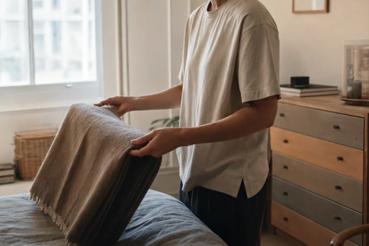 Ruhiger Alltagsmoment zum Ratgeber minimalistisches Schlafzimmer was hilft nach einer bewussten Entscheidung rund um Soforthilfe