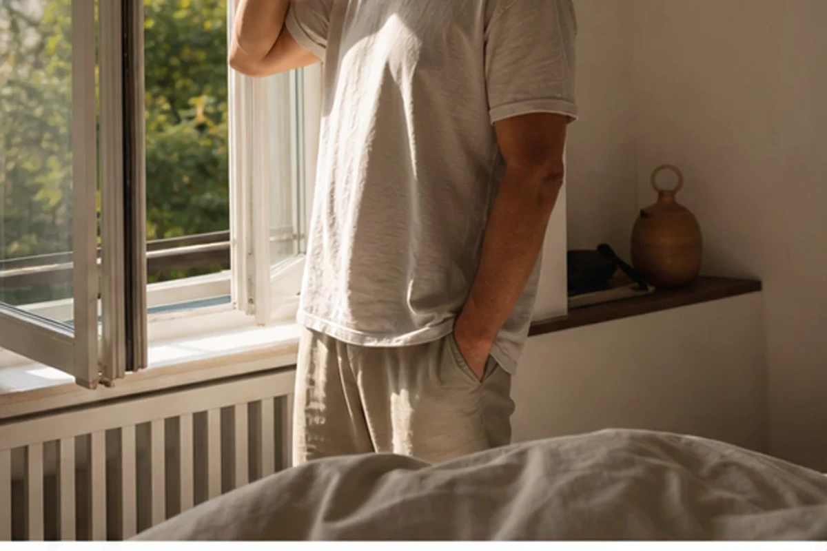 Authentischer Handgriff im Schlafalltag zu Schlafzimmer Farben Routine mit Blick auf Temperatur