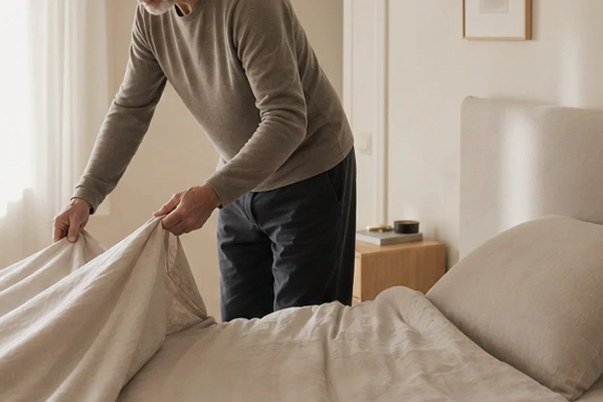 Authentischer Handgriff im Schlafalltag zu Schlafzimmer Farben senken mit Blick auf Temperatur
