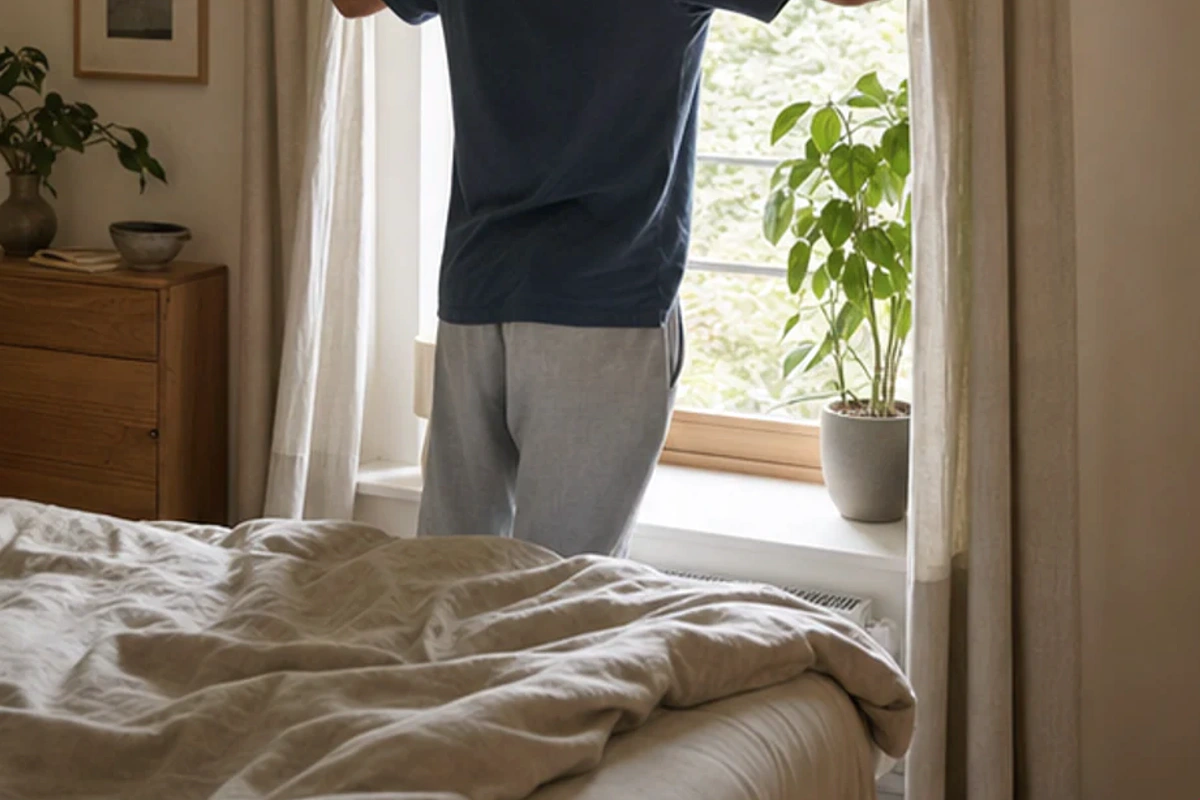 Authentischer Handgriff im Schlafalltag zu Schlafzimmer im Dachgeschoss senken mit Blick auf Temperatur