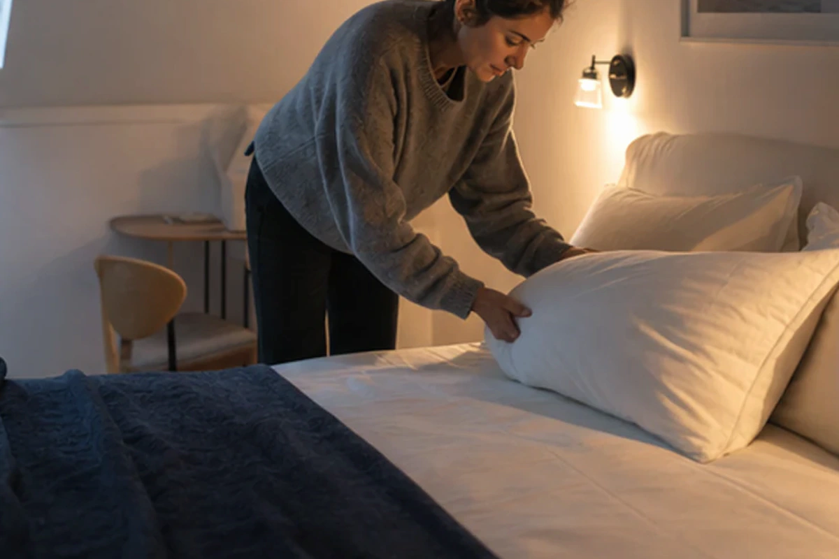 Authentischer Handgriff im Schlafalltag zu Schlafzimmer im Keller Test und Kriterien mit Blick auf Temperatur
