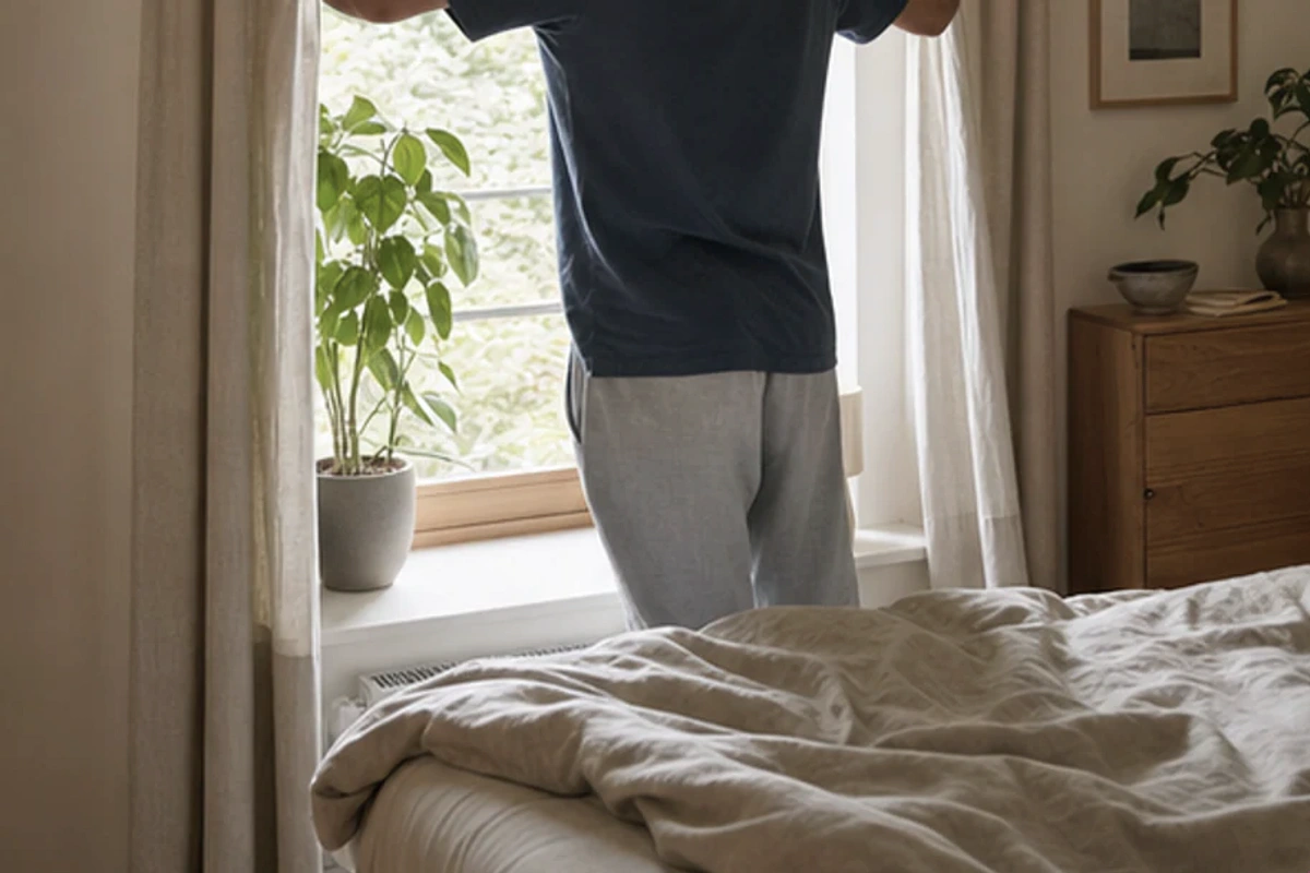 Authentischer Handgriff im Schlafalltag zu Schlafzimmer zur Straße Ursachen mit Blick auf Temperatur